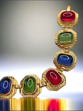 18k Gold Plated Mogul Byzantine Glass Cabochon Chunky Oversized Bracelet